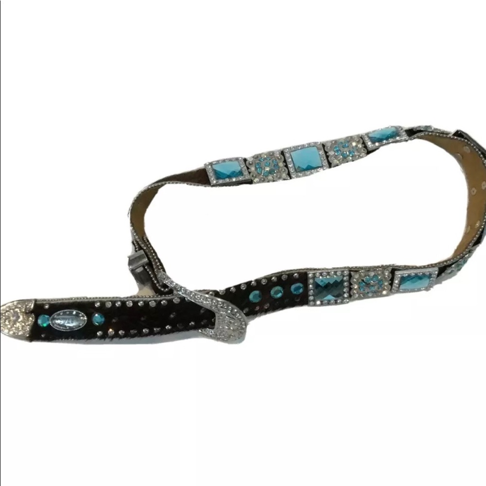 WB Atlas Belt Brown Pony Hair Teal Crystals Silver Tone Metal Size S